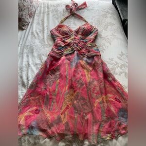 Morrell Maxie Pink Silk Ruched Halter Dress 12 Tropical Resortwear Fairycore 00s